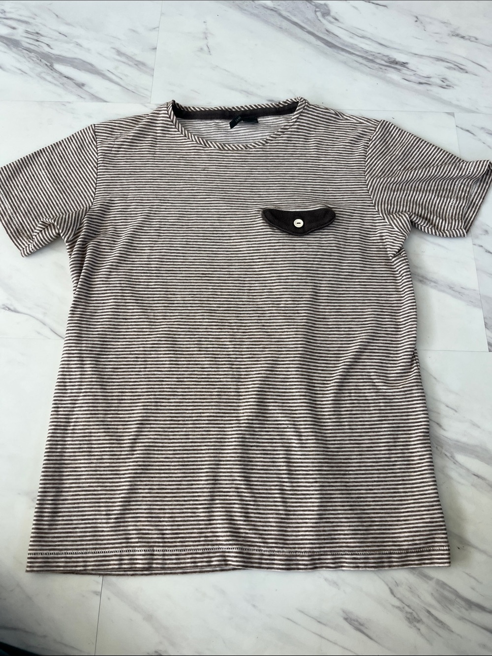 Zanone Brown and Cream Striped Crewneck Tee with Pocket Detail. 100% cotton.